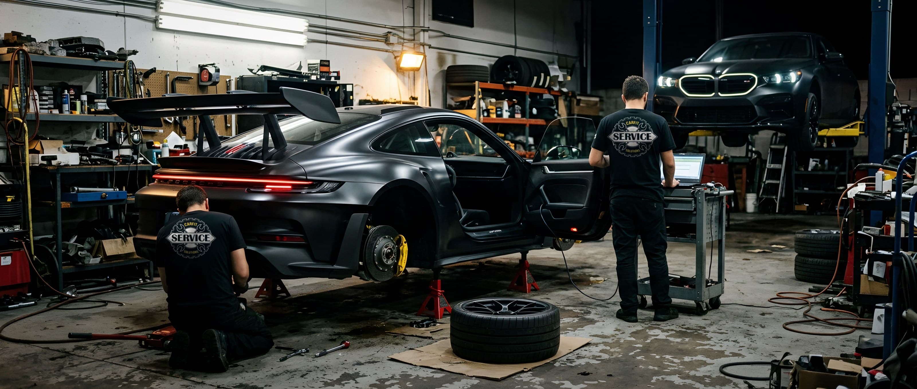 Mecanici Carfit lucrând la un Porsche 911 GT3 RS în atelierul din Iași, lângă un BMW